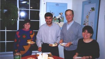Christmas party: Alma Islas, Deven Mistry, Pablo Corva, Nora Vergara, 1998